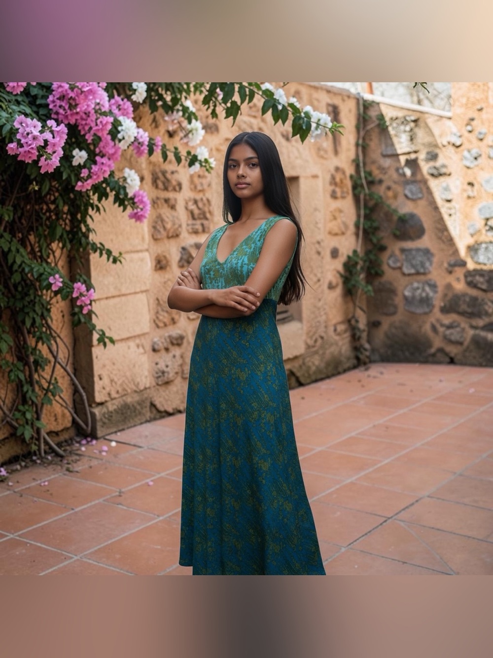 Jonathan Martin Size 9 Midi Dress Teal and Green V-Neck Retro Shimmer